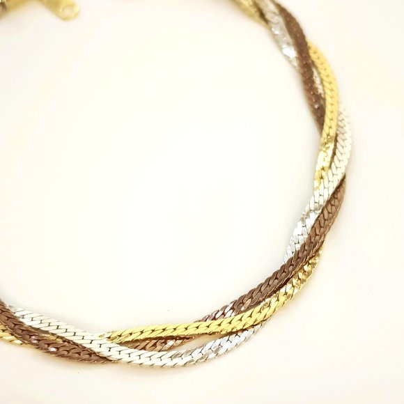Triple Strand Tri-Tone Bracelet 8" Twisted Serpentine Infinity Bracelet - Picture 4 of 6